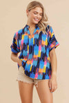 Abstract Print Top W/Slit Neck, Short Dolman Sleeves