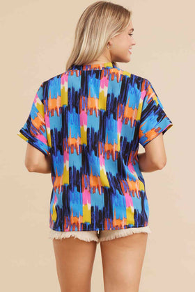 Abstract Print Top W/Slit Neck, Short Dolman Sleeves