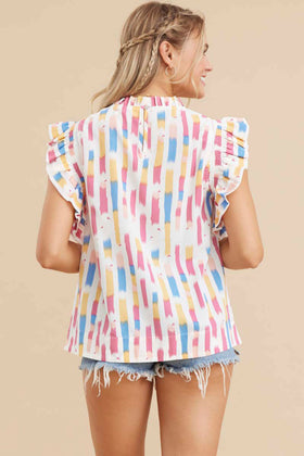 Multi Print Top W/Frilled Neck