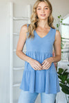 SLEEVELESS V NECK SOLID BULGARI TOP WITH RUFFLED DETAIL