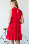 SLEEVELESS MOCK NECK SOLID DRESS WITH RUFFLED AND KEYHOLE BUTTON BACK DETAIL