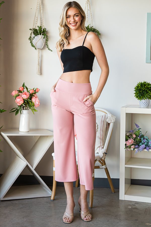 WIDE WAISTBAND SOLID CULOTTES PANTS WITH SIDE POCKET DETAIL