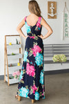 SLEEVELESS ROUND NECK MULTI COLOR FLORAL PRINT MAXI DRESS WITH SIDE POCKET DETAIL