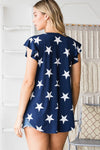 SHORT RUFFLED SLEEVE ROUND NECK STAR PRINT TOP