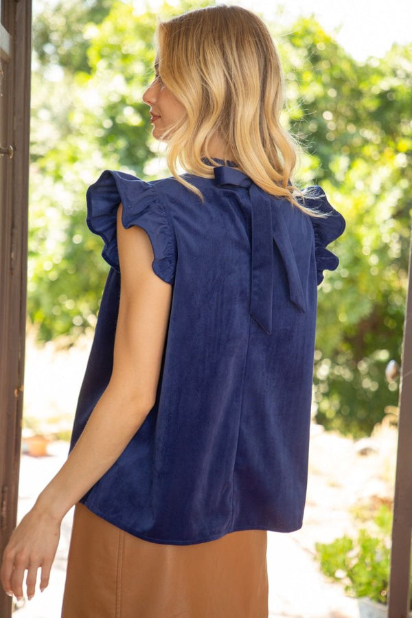 RUFFLE SLEEVE TIE BACK CORDUROY TOP