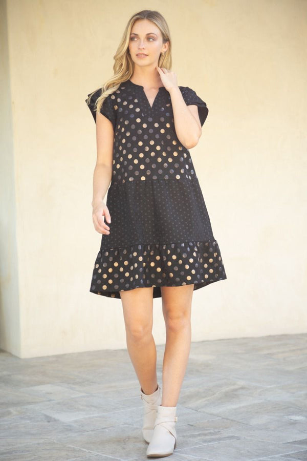 METALLIC DOTTED FAUX SUEDE TIERED DRESS