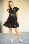 METALLIC DOTTED FAUX SUEDE TIERED DRESS