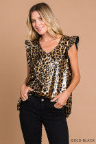 Women's Pu Leopard Print Ruffle Sleeve V Neck Top