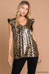 Women's Pu Leopard Print Ruffle Sleeve V Neck Top
