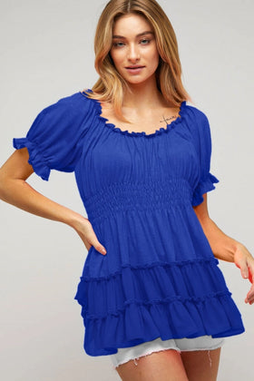 SOLID SMOCKED RUFFLE TOP