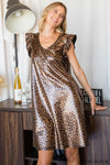 Women's Small Print Pu Leopard Print Ruffle Sleeve V Neck Dress