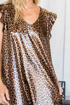 Women's Small Print Pu Leopard Print Ruffle Sleeve V Neck Dress