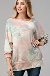 Tie-dye Print French-Terry Puff 3/4 Sleeve Banded Top