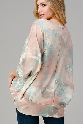 Tie-dye Print French-Terry Puff 3/4 Sleeve Banded Top