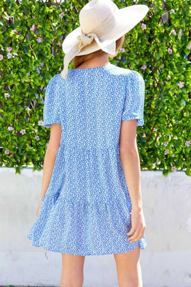 PRINTED V NECK MINI LOOSE FLARE DRESS
