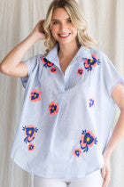 Flower Embroidery Striped Top W Open Collared Neck
