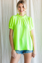 Solid Top W Frilled Neck Ruched Bodice Back Key Hole Short Peasant Sleeves