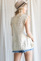 Metallic Leopard Print Knit Top W/ Stretch Neck, Solid Knit Frilled Shoulders