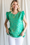 Metallic Leopard Print Knit Top W/ Stretch Neck, Solid Knit Frilled Shoulders