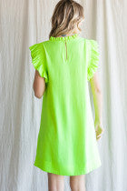 Solid Dress W/ Frill Mock Neckline Smocked Ruffle Cap Sleeves