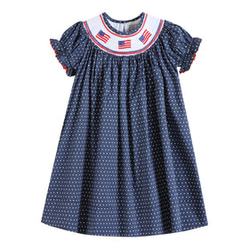 Navy Blue American Flag Smocked Bishop Dress