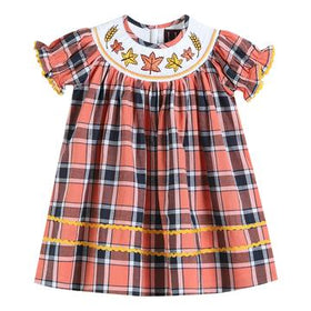 Orange Plaid Smocked Dress with Leaves