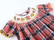 Orange Plaid Smocked Dress with Leaves