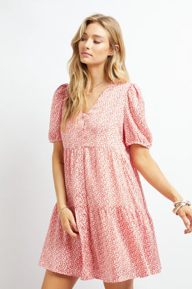 PRINTED V NECK MINI LOOSE FLARE DRESS