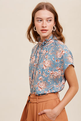 Floral print ruffle neck button down shirt top