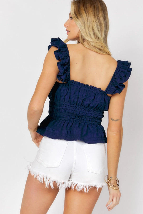 SOLID SQUARE NECK SLEEVELESS RUFFLE TOP