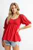 SOLID SMOCKED SHORT SLEEVE RUFFLE TOP