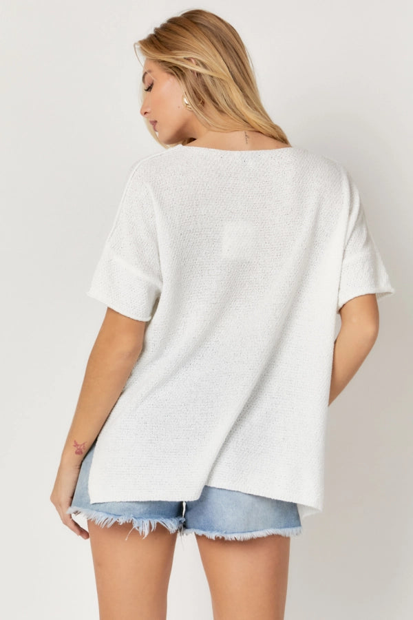 SOLID ROUND NECK 3/4 SLEEVE LOOSE SWEATER
