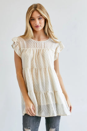 SOLID ROUND NECK RUFFLE TOP