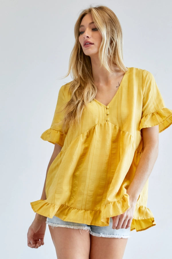 SOLID V NECK BUTTON DOWN RUFFLE TOP