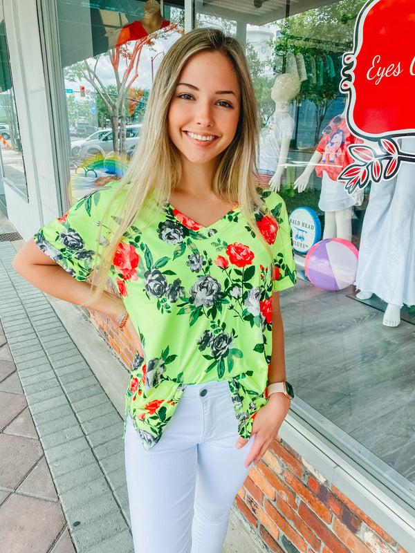 CORAL/NEON YELLOW FLORAL TOP