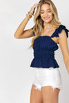 SOLID SQUARE NECK SLEEVELESS RUFFLE TOP