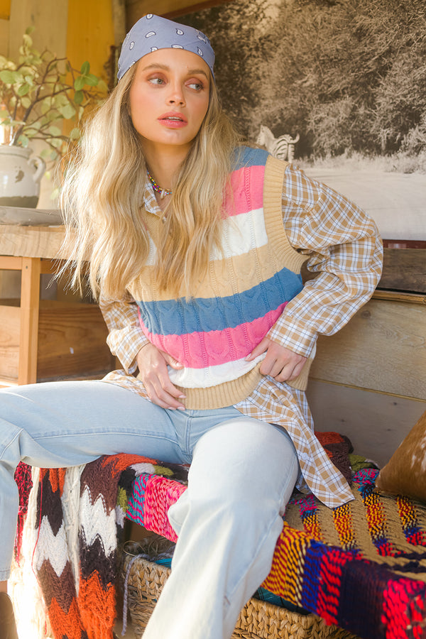 Cable Knitted Colorful Stripes Sweater Vest