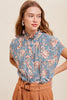 Floral print ruffle neck button down shirt top