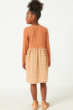 Girls Ribbed Mix Media Buttoned Gingham Dress