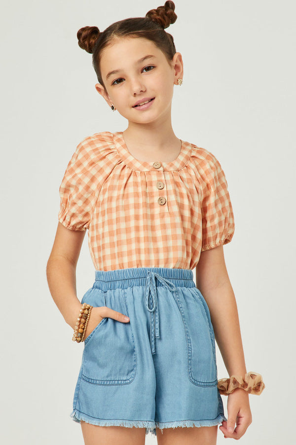 Girls Gingham Button Detail Puff Sleeve Scoop Neck Top