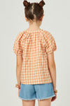 Girls Gingham Button Detail Puff Sleeve Scoop Neck Top