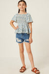 Girls Bell Sleeve Square Neck Floral Smocked Top