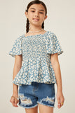 Girls Bell Sleeve Square Neck Floral Smocked Top