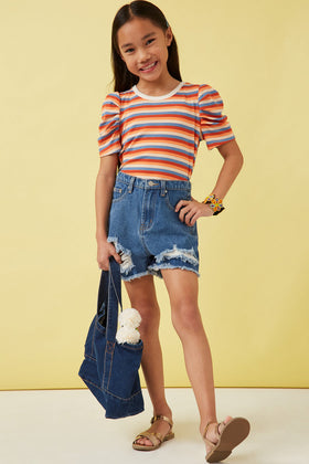 Girls Multi Color Stripe Ribbed Knit Puff Shoulder Top