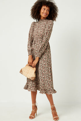 Womens Ruffle Hem Smocked Neck Puff Sleeve Dress