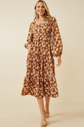 Womens Smocked Square Neck Puff Sleeve Dress
