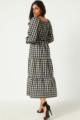 Womens Gingham Smocked Bodice Square Neck Long Sleeve Maxi Dress