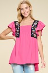 FLORAL EMBROIDERED, FRONT SMOCKED, RUFFLE SS TOP
