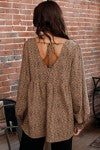 Floral Embroidered Ditsy Dot Printed Blouse Square Neckline Ruffled Long Sleeves Back Tie Detail