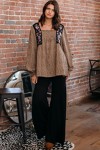Floral Embroidered Ditsy Dot Printed Blouse Square Neckline Ruffled Long Sleeves Back Tie Detail